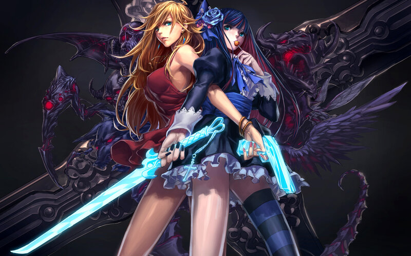 Two female warriors with glowing swords