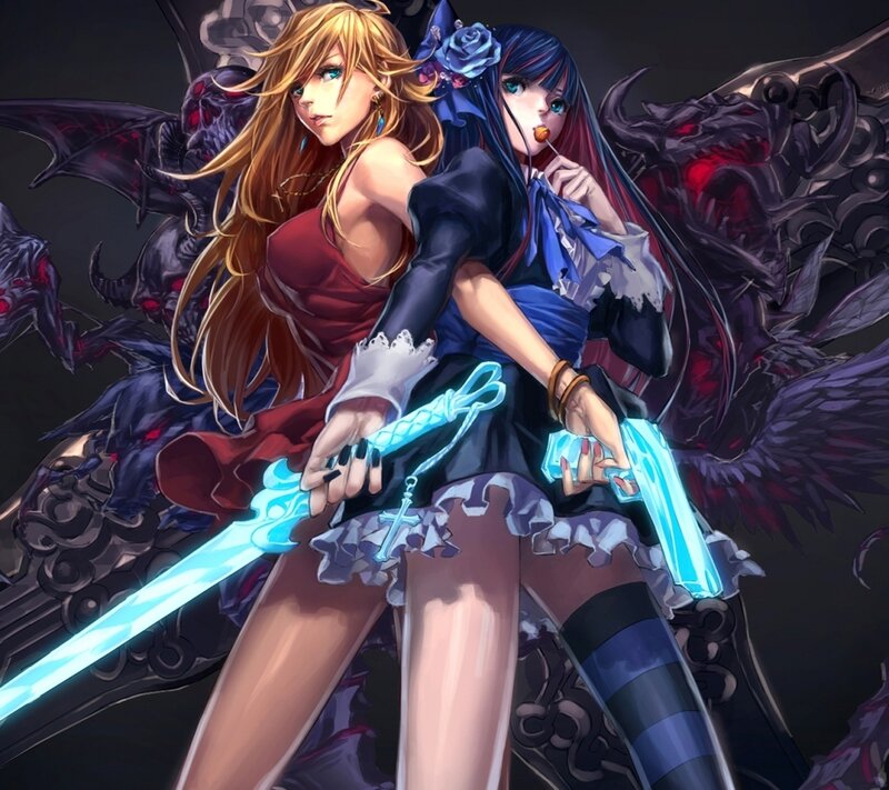 Two female warriors with glowing swords