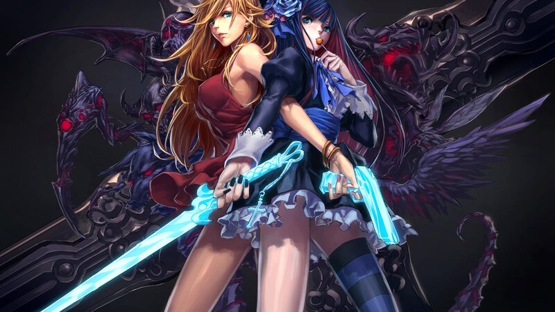 Two female warriors with glowing swords