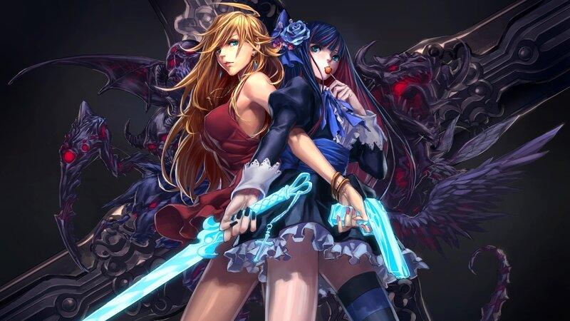 Two female warriors with glowing swords