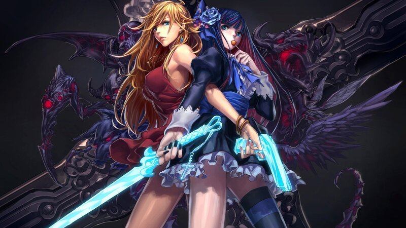 Two female warriors with glowing swords
