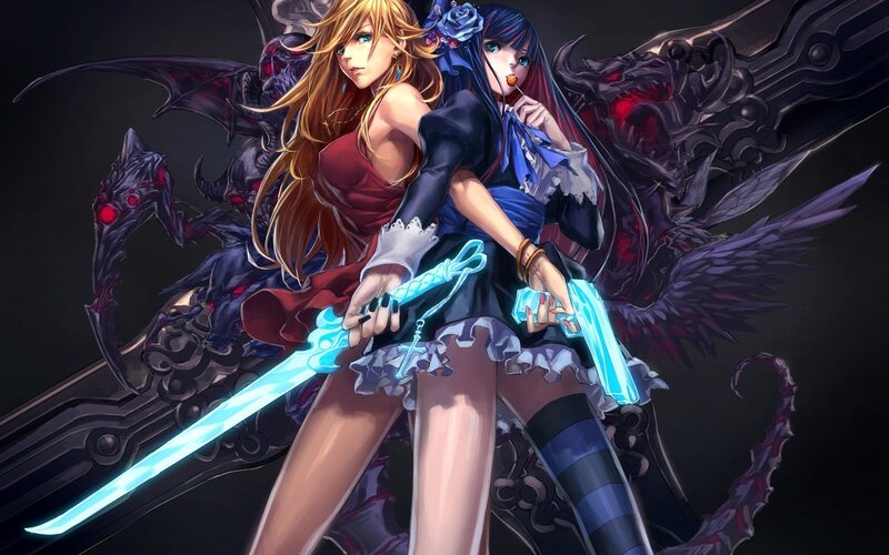 Two female warriors with glowing swords
