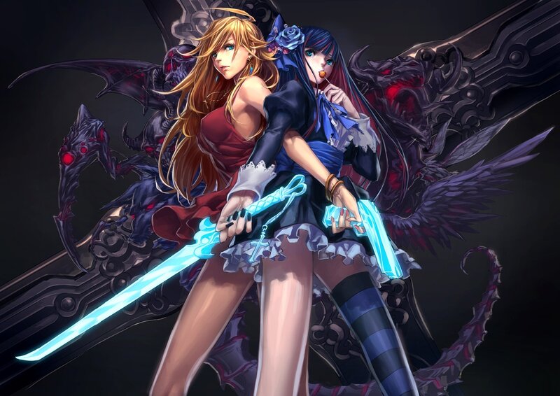 Two female warriors with glowing swords