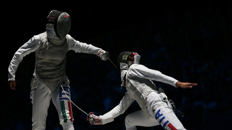Two Fencers in Action — White, Dramatic