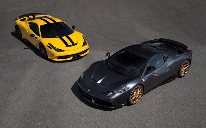 Two Ferrari Sports Cars — Yellow, Dramatic
