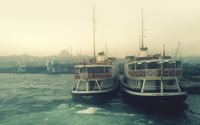 Two Ferries in Harbor — Gray, Overcast