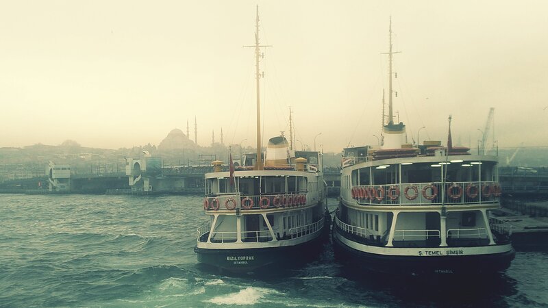 Two Ferries in Harbor — Gray