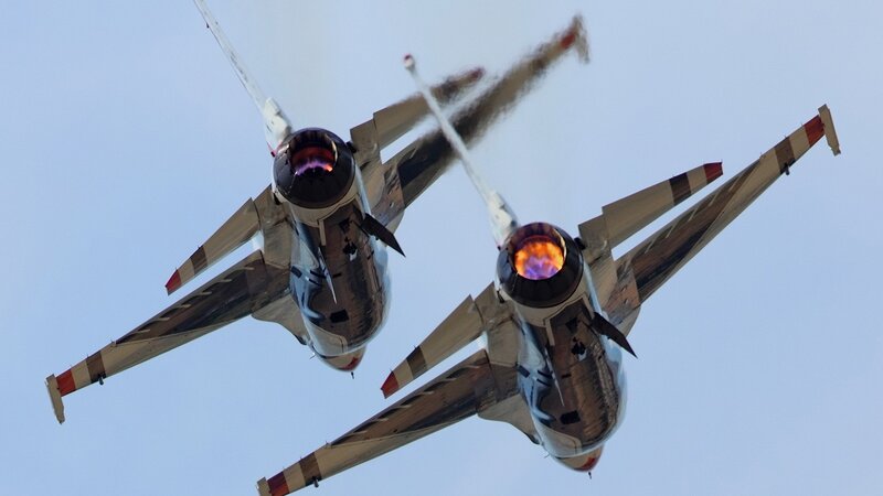 Two Fighter Jets — Blue, Dramatic, Afternoon, Photograph, Flames