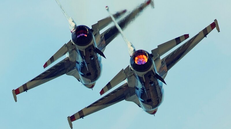 Two Fighter Jets — Blue, Dramatic, Afternoon, Photograph, Jet Engines