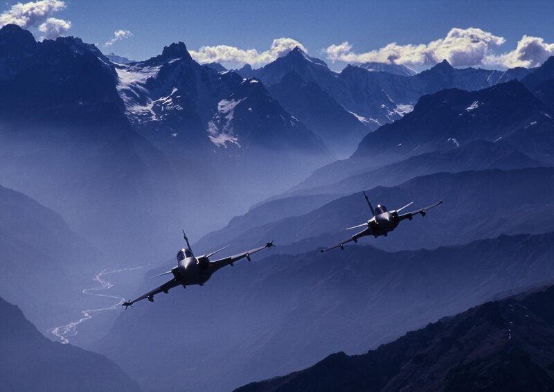 Two Fighter Jets — Blue, Dramatic, Afternoon, Photograph, Mountains, Clouds