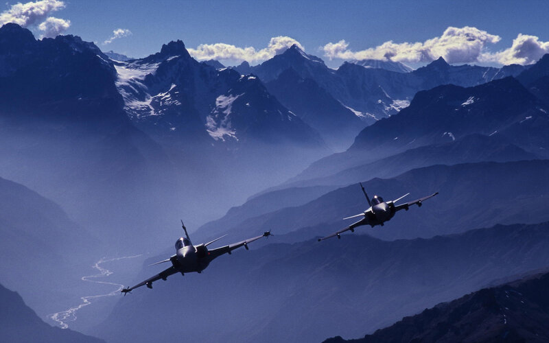 Two Fighter Jets — Blue, Dramatic, Afternoon, Photograph, Mountains