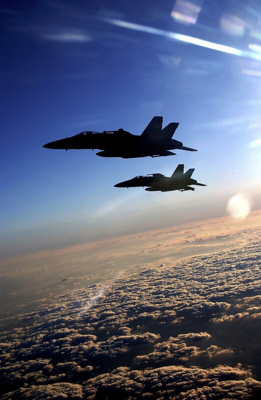 Two Fighter Jets — Blue, Dramatic, Sunset