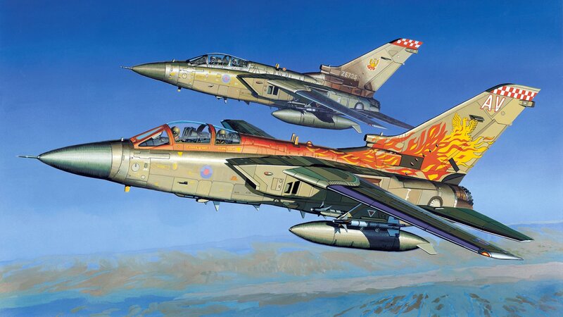 Two Fighter Jets — Blue, Dynamic, Afternoon, Illustration