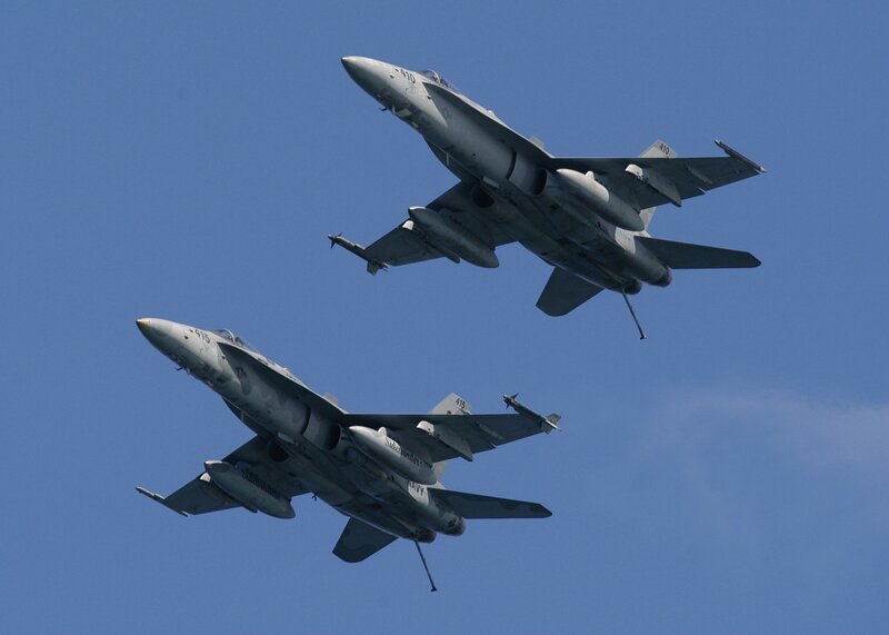 Two Fighter Jets — Blue, Dynamic, Afternoon, Photograph, Aircraft, Sky, Missiles