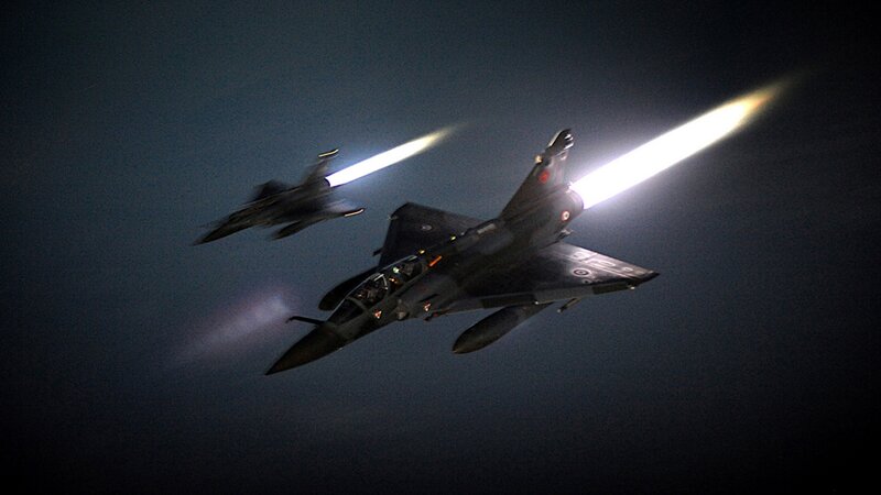 Two Fighter Jets Flying — Black