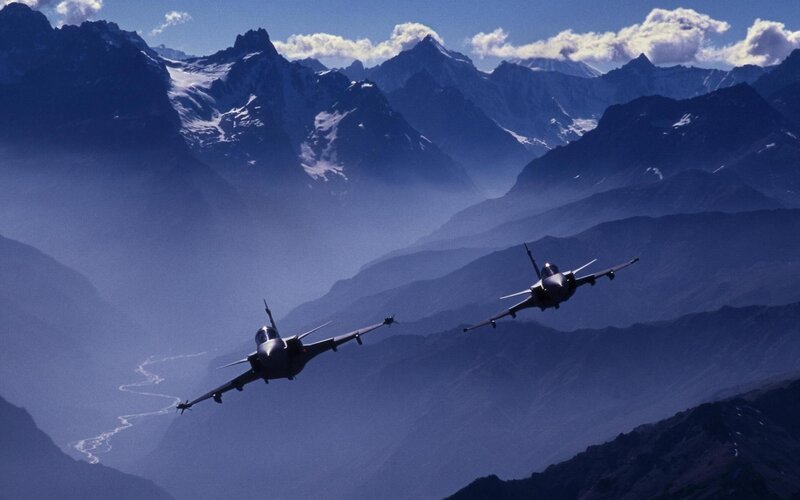 Two Fighter Jets Flying — Blue, Dramatic, Afternoon, Photograph