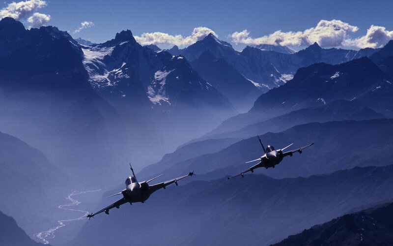 Two Fighter Jets Flying — Blue, Dramatic, Afternoon
