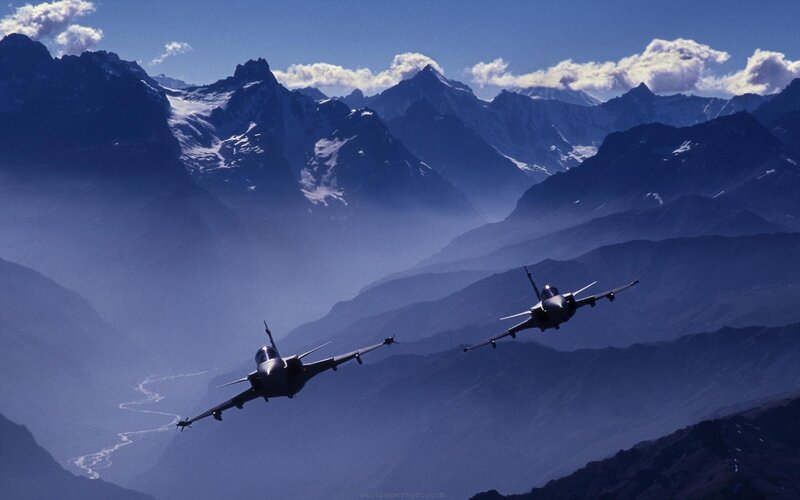 Two Fighter Jets Flying — Blue, Dramatic