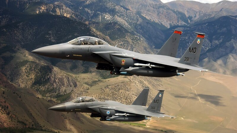 Two Fighter Jets Flying — Gray, Dramatic, Afternoon, Photograph, Mountains, Aircraft