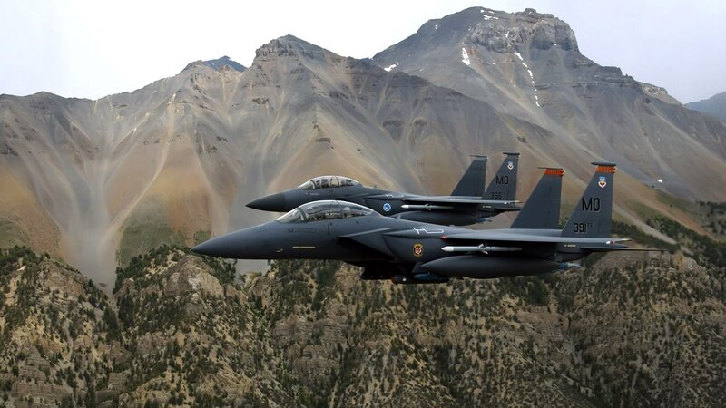 Two Fighter Jets Flying — Gray, Dramatic, Afternoon, Photograph, Mountains