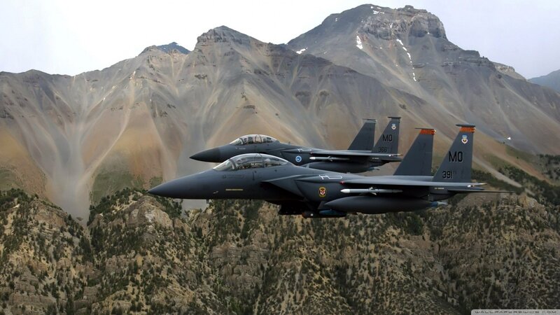 Two Fighter Jets Flying — Gray, Dramatic, Photograph, Mountains