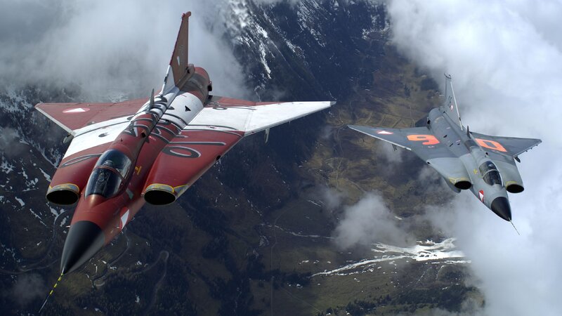 Two Fighter Jets Flying — Red