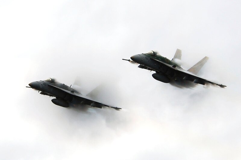 Two Fighter Jets — Gray, Dramatic, Photograph, Aircraft, Clouds