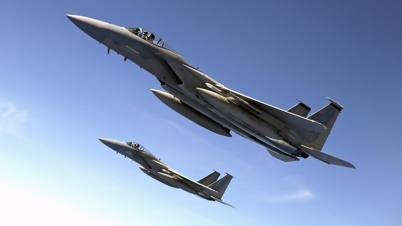 Two Fighter Jets in Flight — Blue, Afternoon
