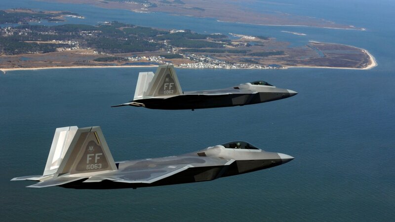 Two Fighter Jets in Flight — Blue, Calm, Afternoon, Photograph, Aircraft, Ocean