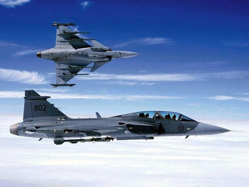 Two Fighter Jets in Flight — Blue, Calm, Afternoon, Photograph, Aircraft, Sky, Clouds, Gray