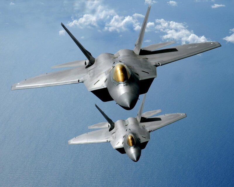 Two Fighter Jets in Flight — Blue, Calm, Afternoon, Photograph, Aircraft, Sky, Clouds