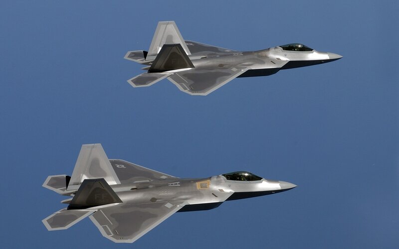 Two Fighter Jets in Flight — Blue, Calm, Afternoon, Photograph, Aircraft, Sky, Gray