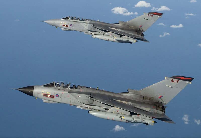 Two Fighter Jets in Flight — Blue, Calm, Afternoon, Photograph, Aircraft, Sky