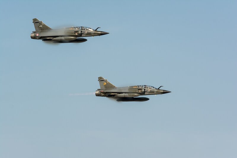 Two Fighter Jets in Flight — Blue, Calm, Afternoon, Photograph
