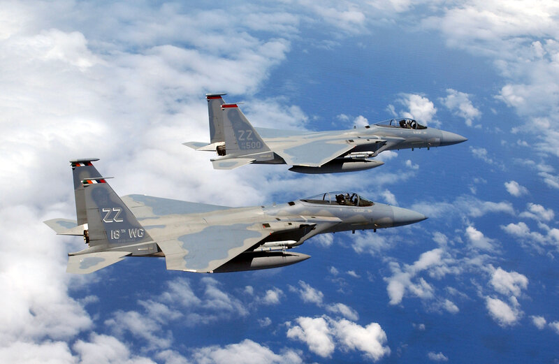 Two Fighter Jets in Flight — Blue, Calm, Photograph