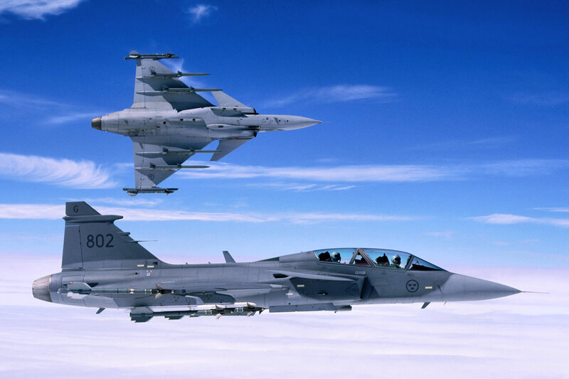 Two Fighter Jets in Flight — Blue, Clear, Afternoon, Photograph, Aircraft, Sky, Clouds