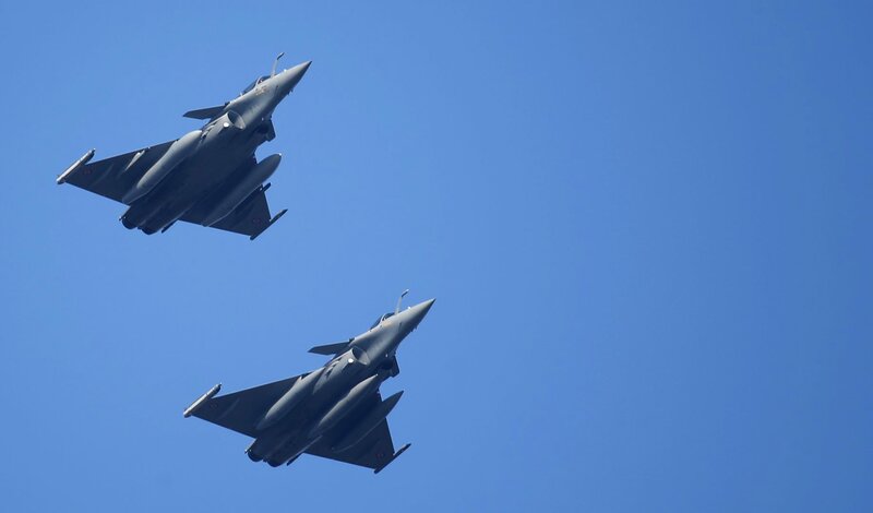 Two Fighter Jets in Flight — Blue, Clear, Afternoon, Photograph, Aircraft