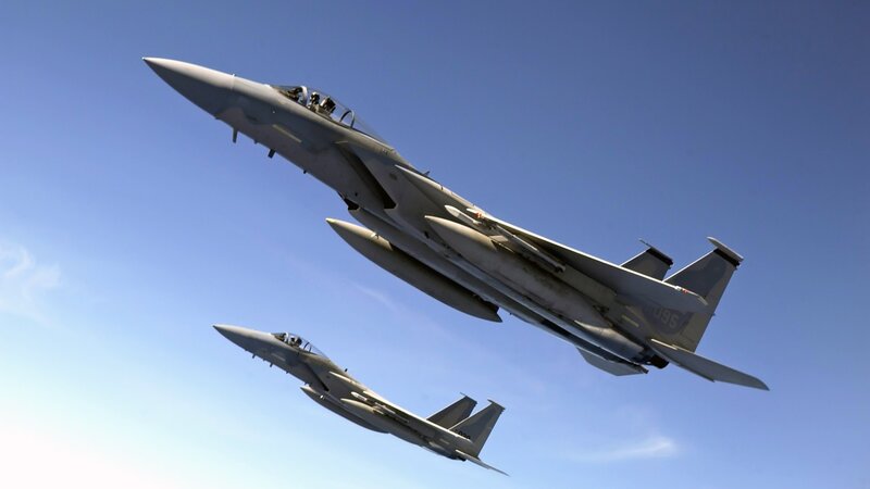 Two Fighter Jets in Flight — Blue, Clear, Afternoon, Photograph