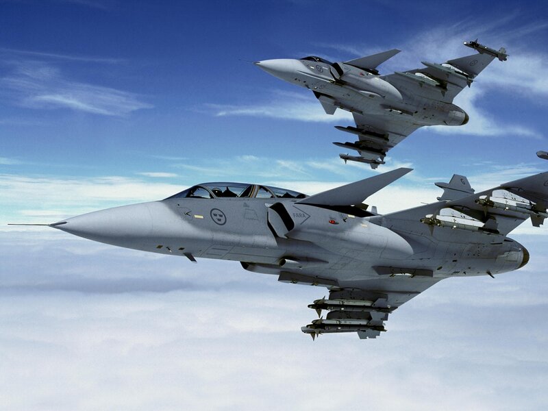 Two Fighter Jets in Flight — Blue, Dramatic, Afternoon, Photograph, Aircraft, Clouds