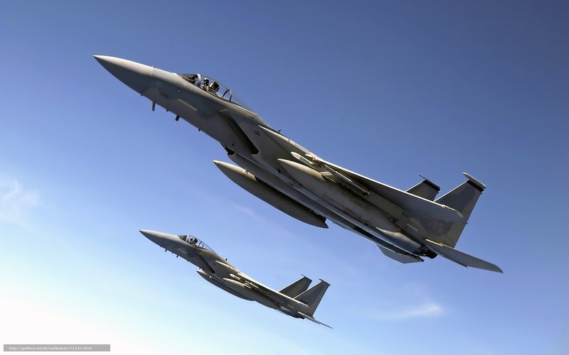 Two Fighter Jets in Flight — Blue, Dramatic, Afternoon, Photograph, Aircraft, Sky, Missiles