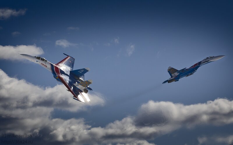 Two Fighter Jets in Flight — Blue, Dramatic, Afternoon, Photograph, Clouds, Sky, Jet Engines