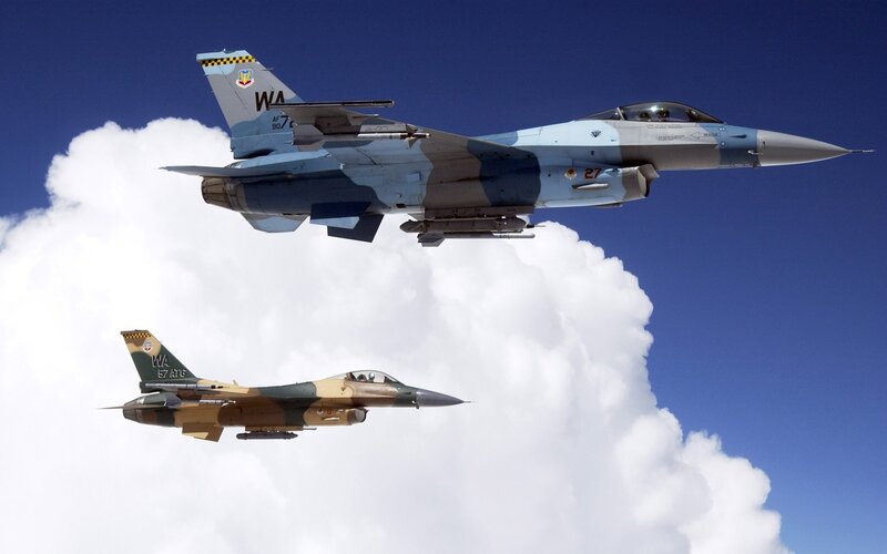 Two Fighter Jets in Flight — Blue, Dramatic, Afternoon, Photograph, Clouds