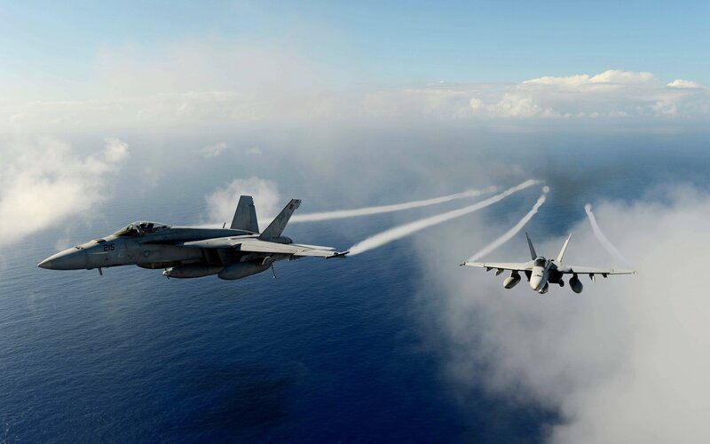 Two Fighter Jets in Flight — Blue, Dramatic, Afternoon, Photograph, Ocean, Clouds