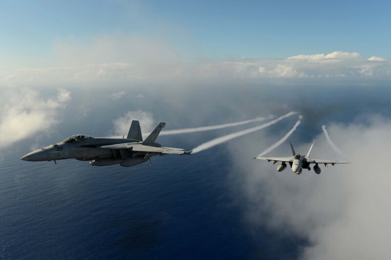 Two Fighter Jets in Flight — Blue, Dramatic, Afternoon, Photograph, Ocean