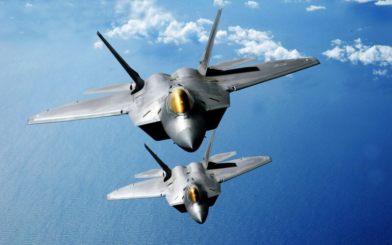 Two Fighter Jets in Flight — Blue, Dramatic, Afternoon, Photograph, Sky