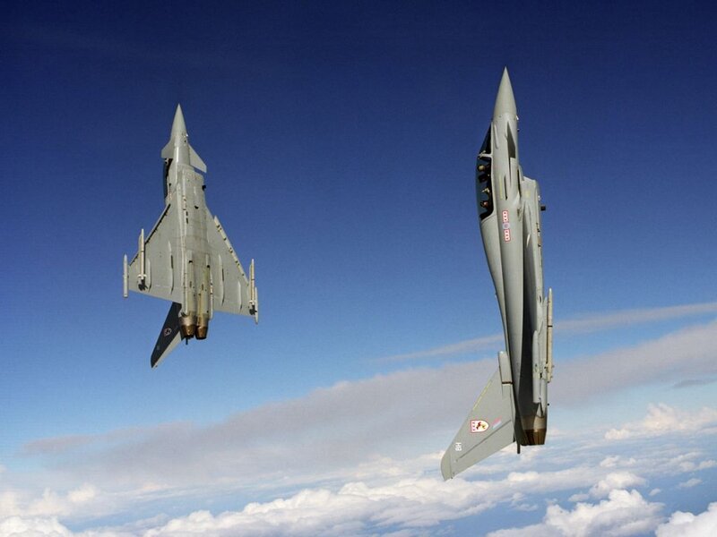 Two Fighter Jets in Flight — Blue, Dramatic, Photograph