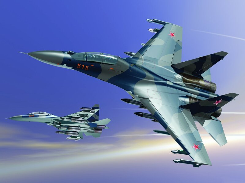 Two Fighter Jets in Flight — Blue, Dramatic, Sunset, Digital Art, Aircraft