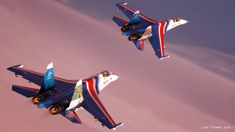 Two Fighter Jets in Flight — Blue, Dramatic, Sunset, Digital Art