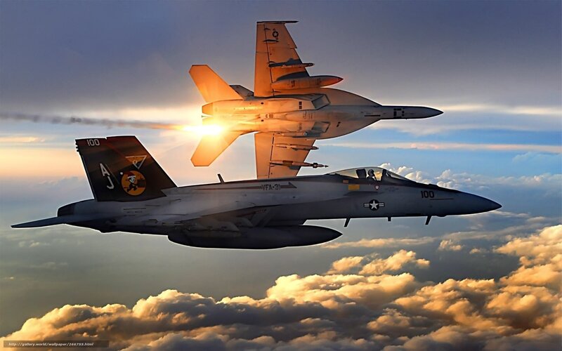 Two Fighter Jets in Flight — Blue, Dramatic, Sunset, Photograph, Aircraft, Clouds