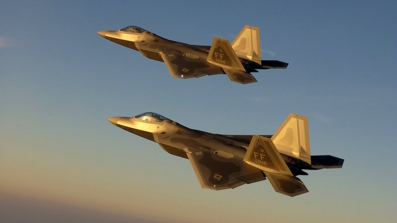 Two Fighter Jets in Flight — Blue, Dramatic, Sunset, Photograph, Aircraft, Sky, Gray